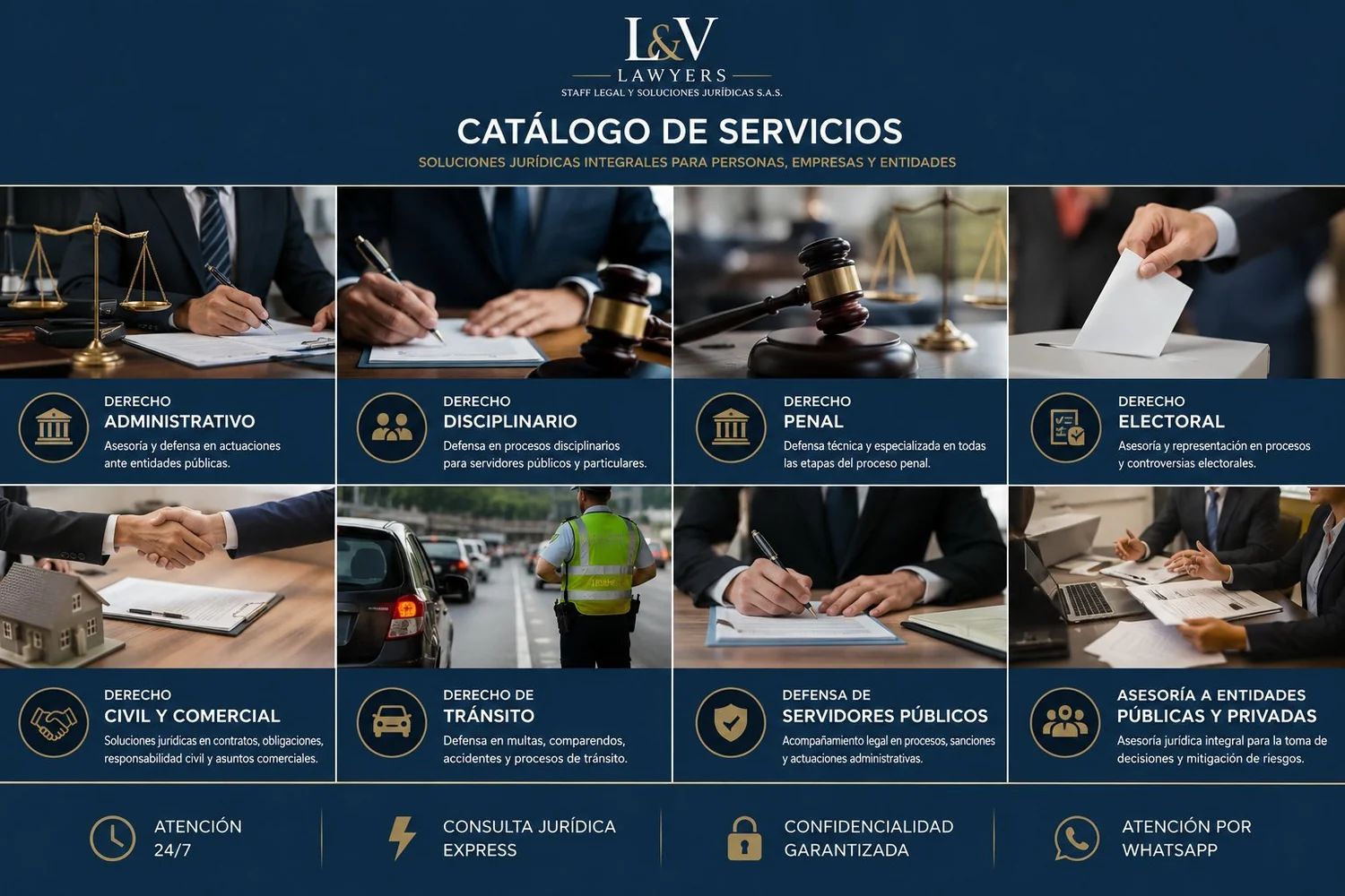 Catálogo de servicios de L&V Lawyers: derecho administrativo, disciplinario, penal, electoral, civil y comercial, tránsito, defensa de servidores públicos y asesoría a entidades